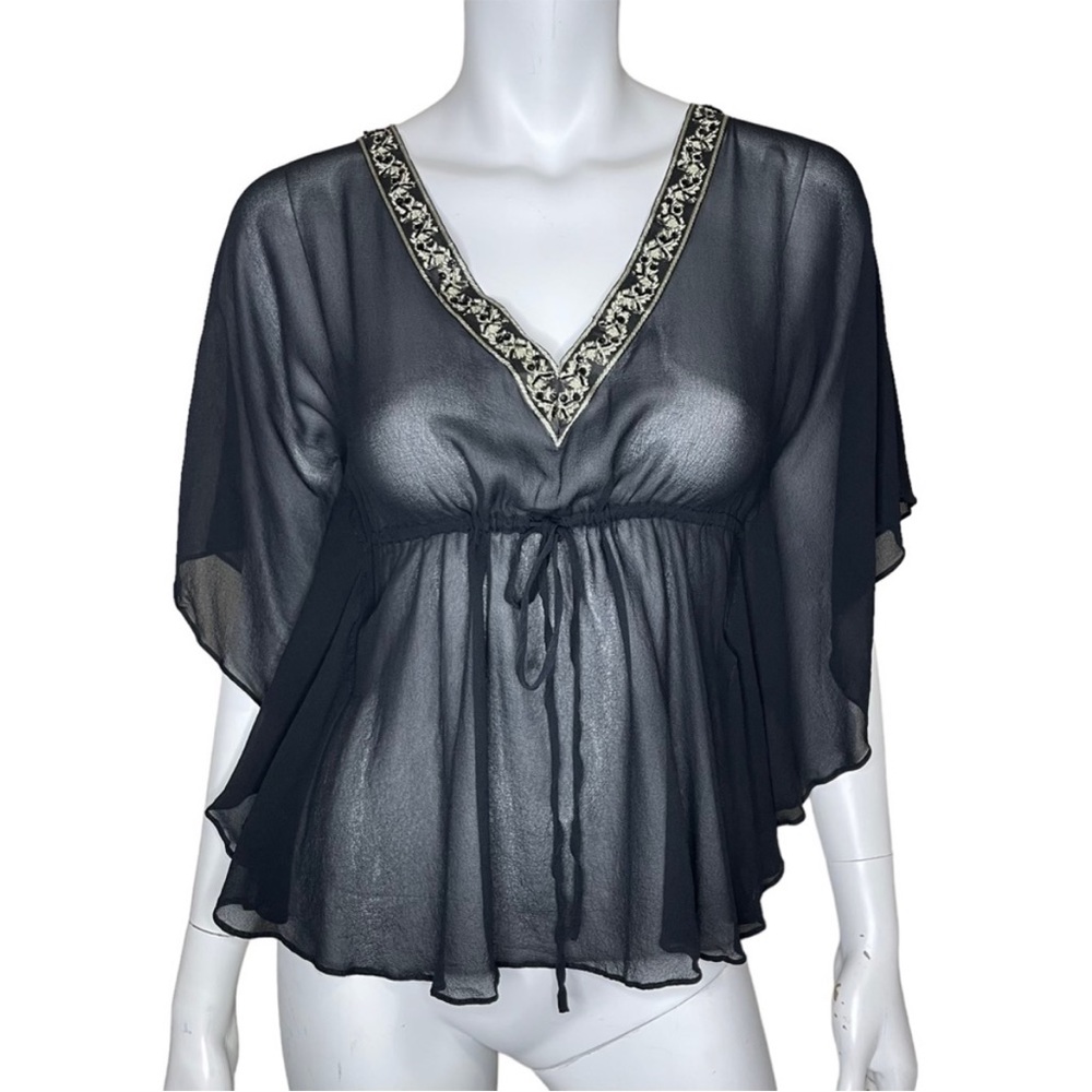 Vintage 2005 Banana Republic 100% Silk Black Embroidered Blouse Batwing Empire
